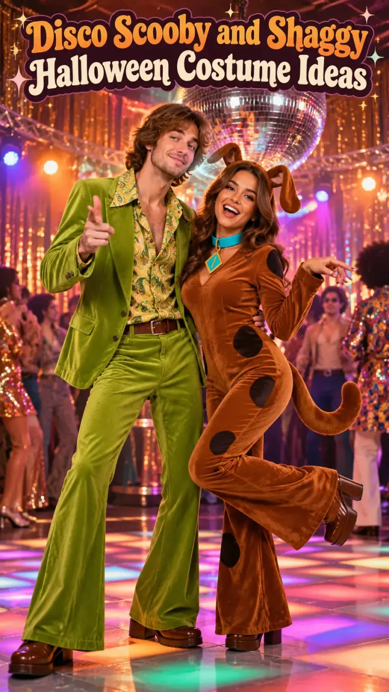 Disco inspired Halloween costume couple in green flares and a brown dog themed outfit at a party