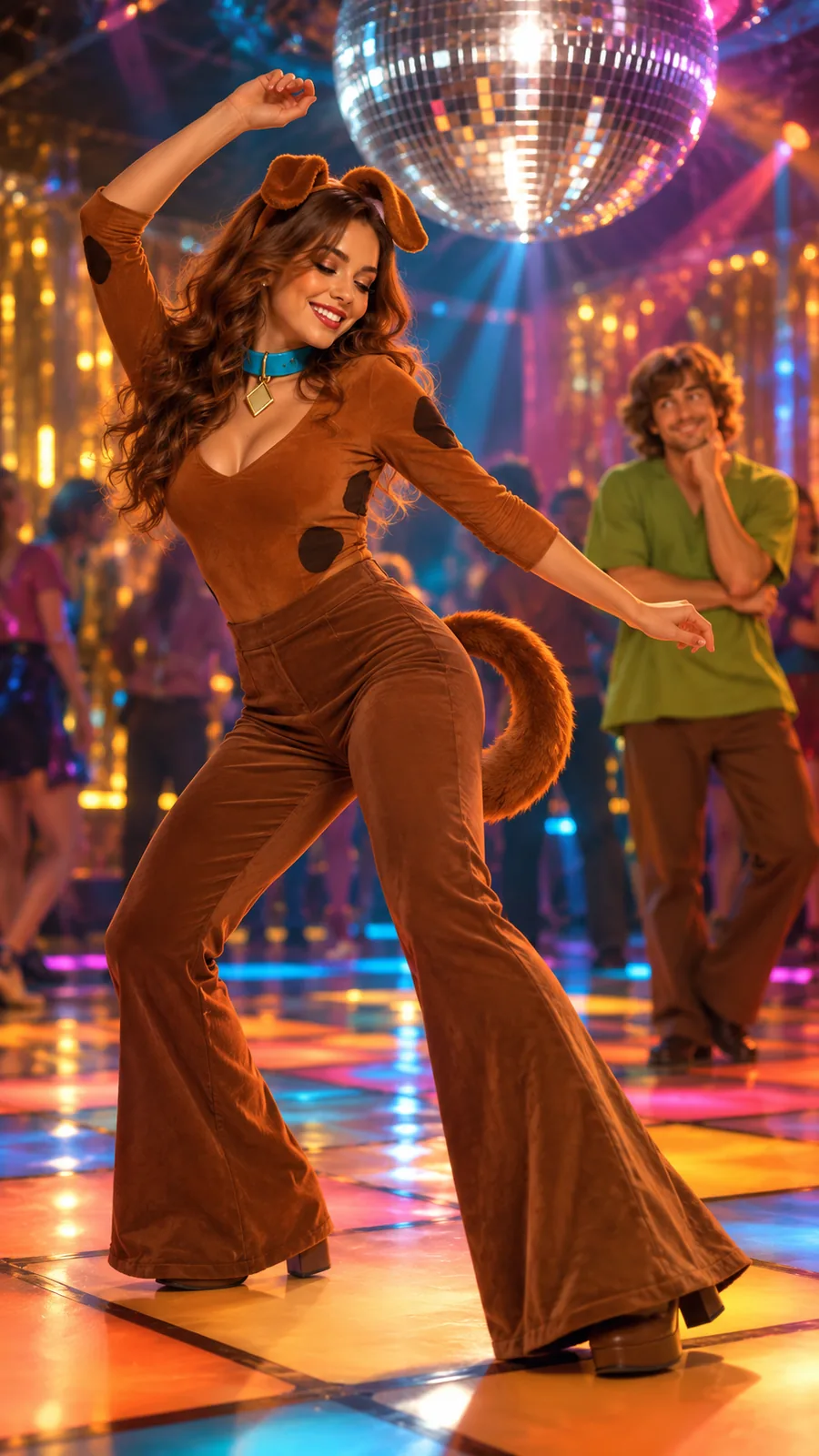 Woman dancing in brown flared trousers with floppy dog ears and a turquoise collar