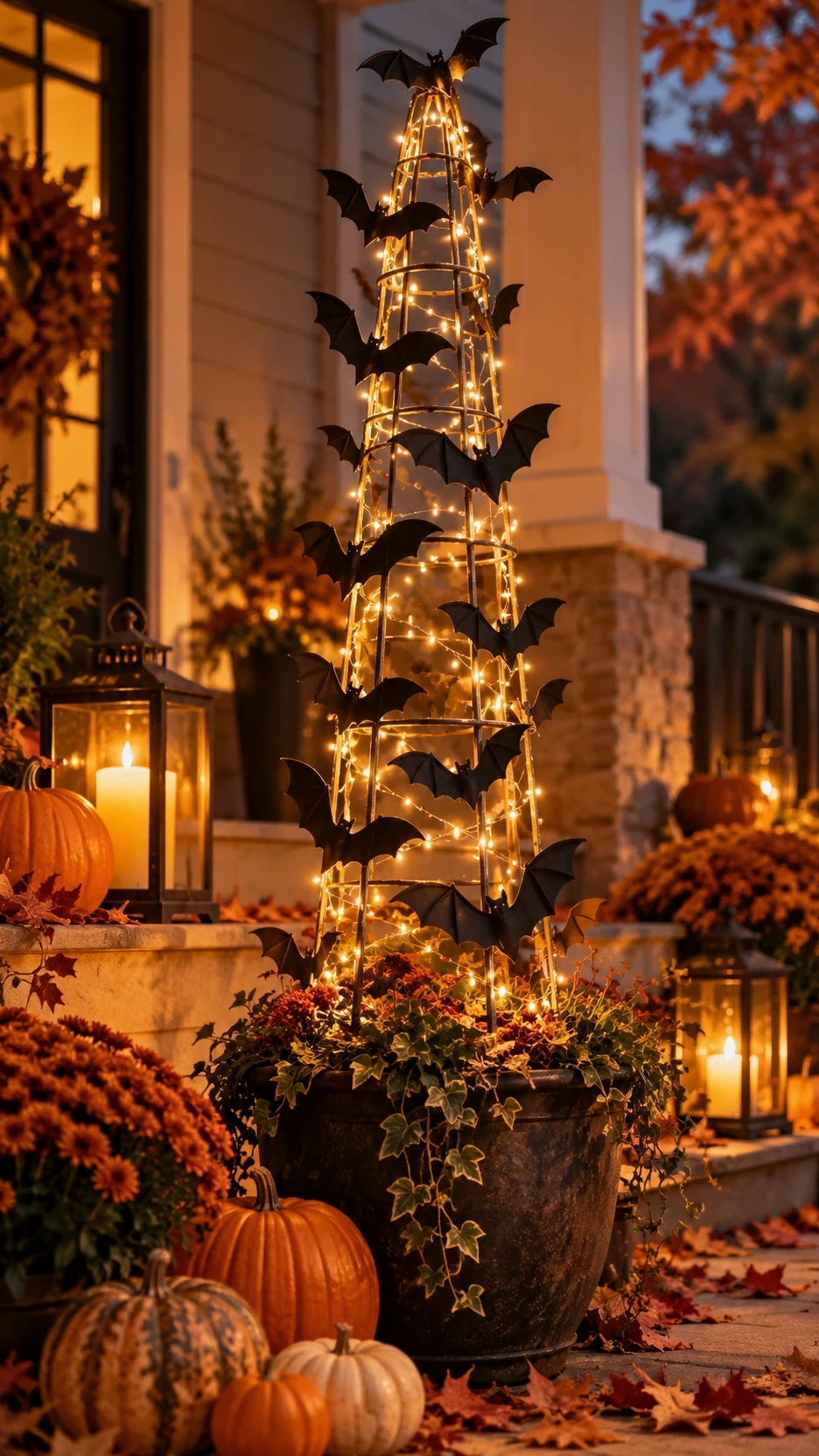Tall tomato cage Halloween tower decorated with black bat silhouettes and warm fairy lights in a planter on a fall porch.