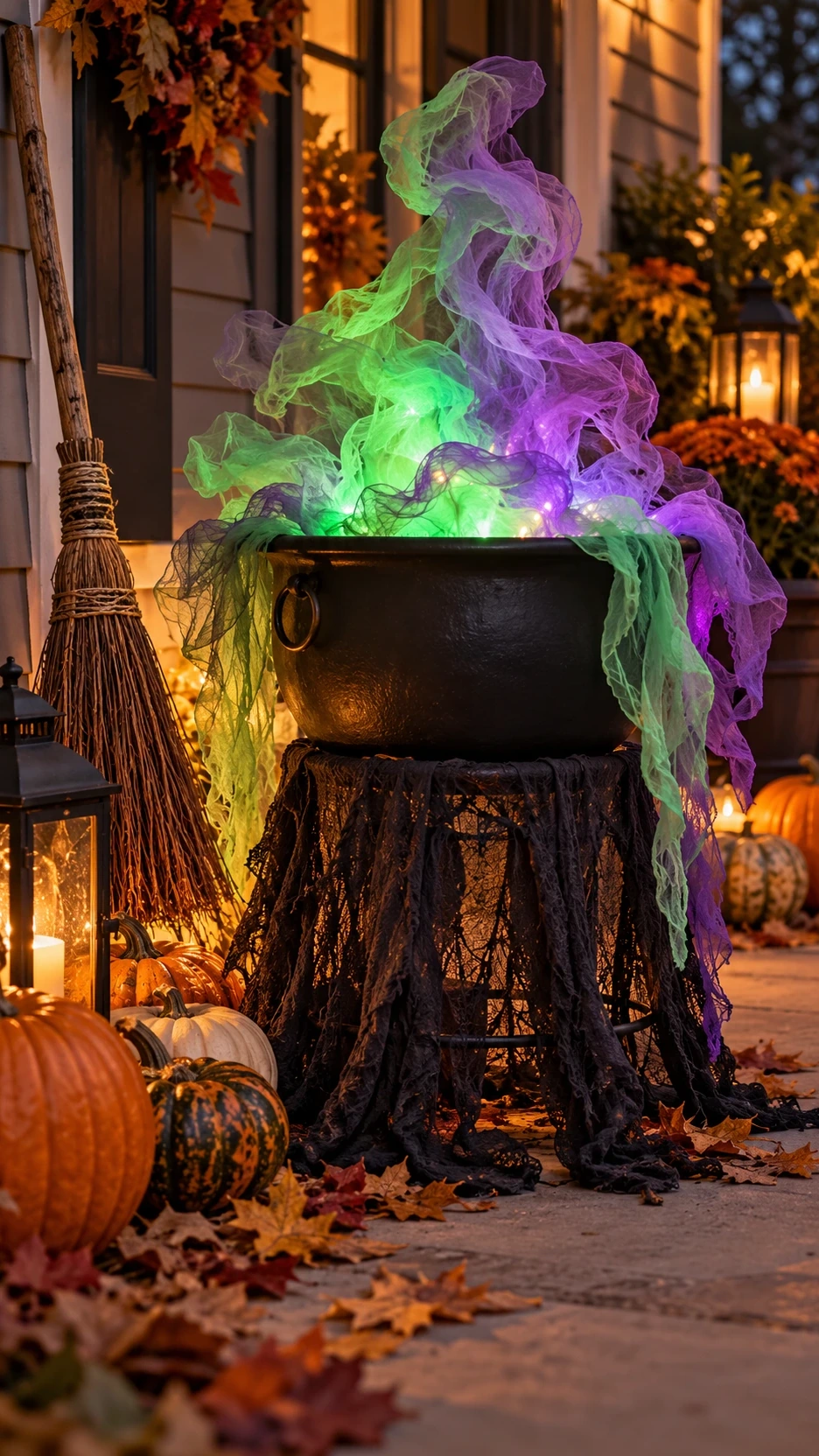 Halloween potion cauldron standing on a draped tomato cage with glowing green and purple scrap fabric steam beside a rustic broom.