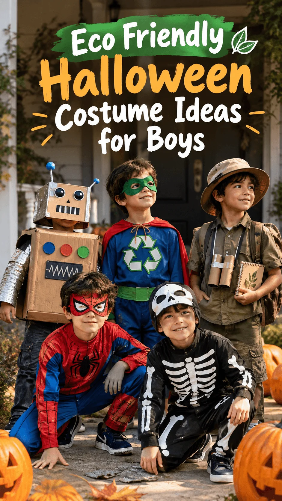 Eco friendly Halloween costume ideas for boys featuring children dressed as a recycled cardboard robot, a superhero with a recycling symbol, a safari explorer, a spider superhero, and a skeleton surrounded by pumpkins and autumn leaves outdoors