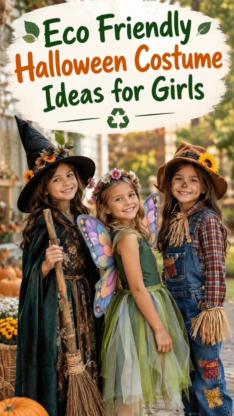 Eco friendly Halloween costume ideas for girls featuring a witch in a black dress and flower decorated hat, a fairy in a green dress with colorful wings, and a scarecrow in denim overalls with patchwork details, surrounded by autumn pumpkins and fall flowers.