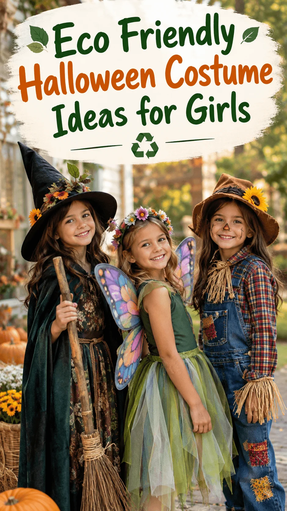 Eco friendly Halloween costume ideas for girls featuring a witch in a black dress and flower decorated hat, a fairy in a green dress with colorful wings, and a scarecrow in denim overalls with patchwork details, surrounded by autumn pumpkins and fall flowers.