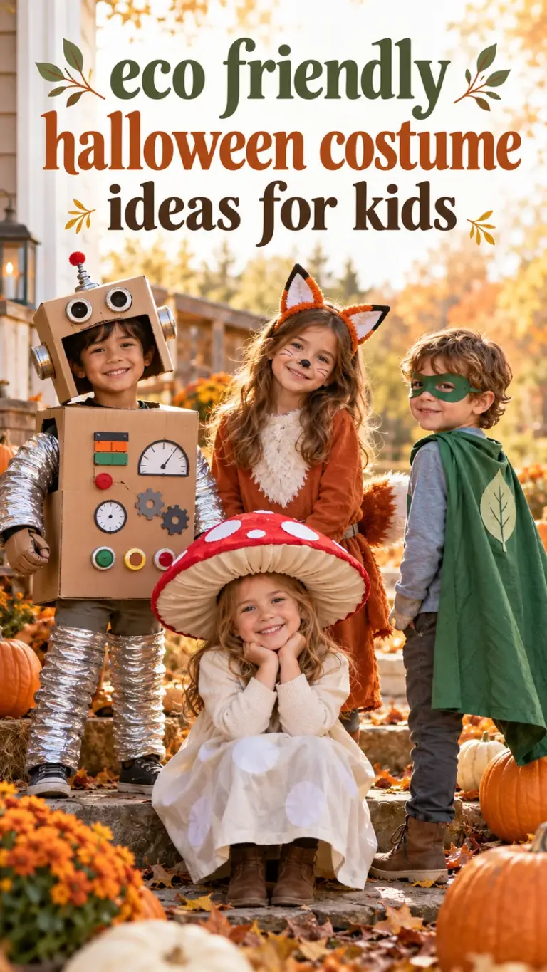Four children in handmade Halloween costumes beneath eco friendly Halloween costume ideas title