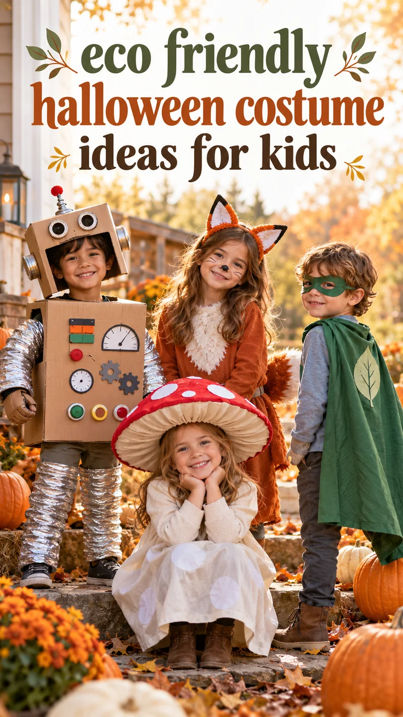 Four children in handmade Halloween costumes beneath eco friendly Halloween costume ideas title