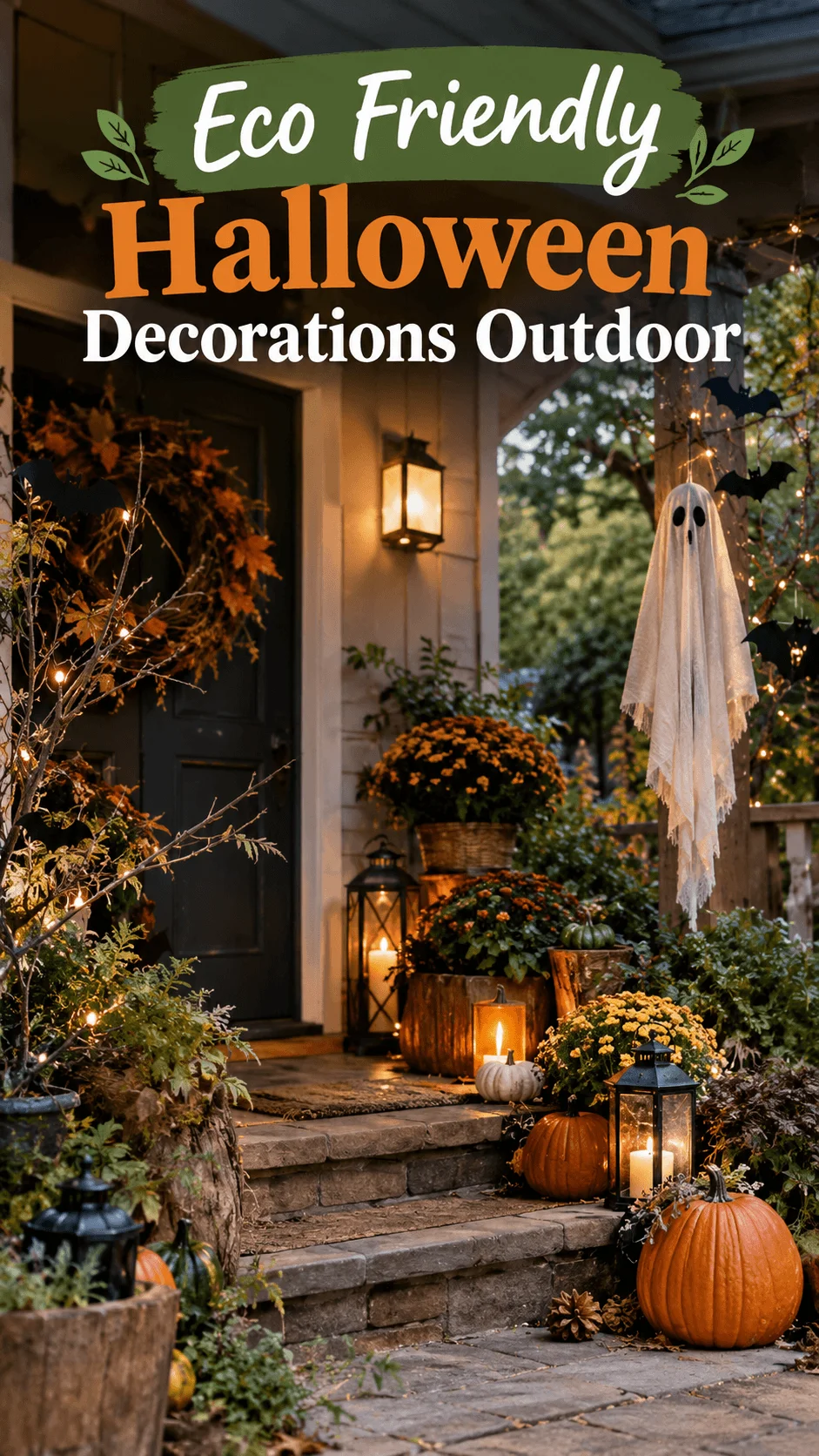 Eco friendly Halloween decorations outdoor featuring pumpkins, glowing lanterns, autumn flowers, warm fairy lights, a hanging white ghost, and natural greenery around a cozy front porch with rustic stone steps.