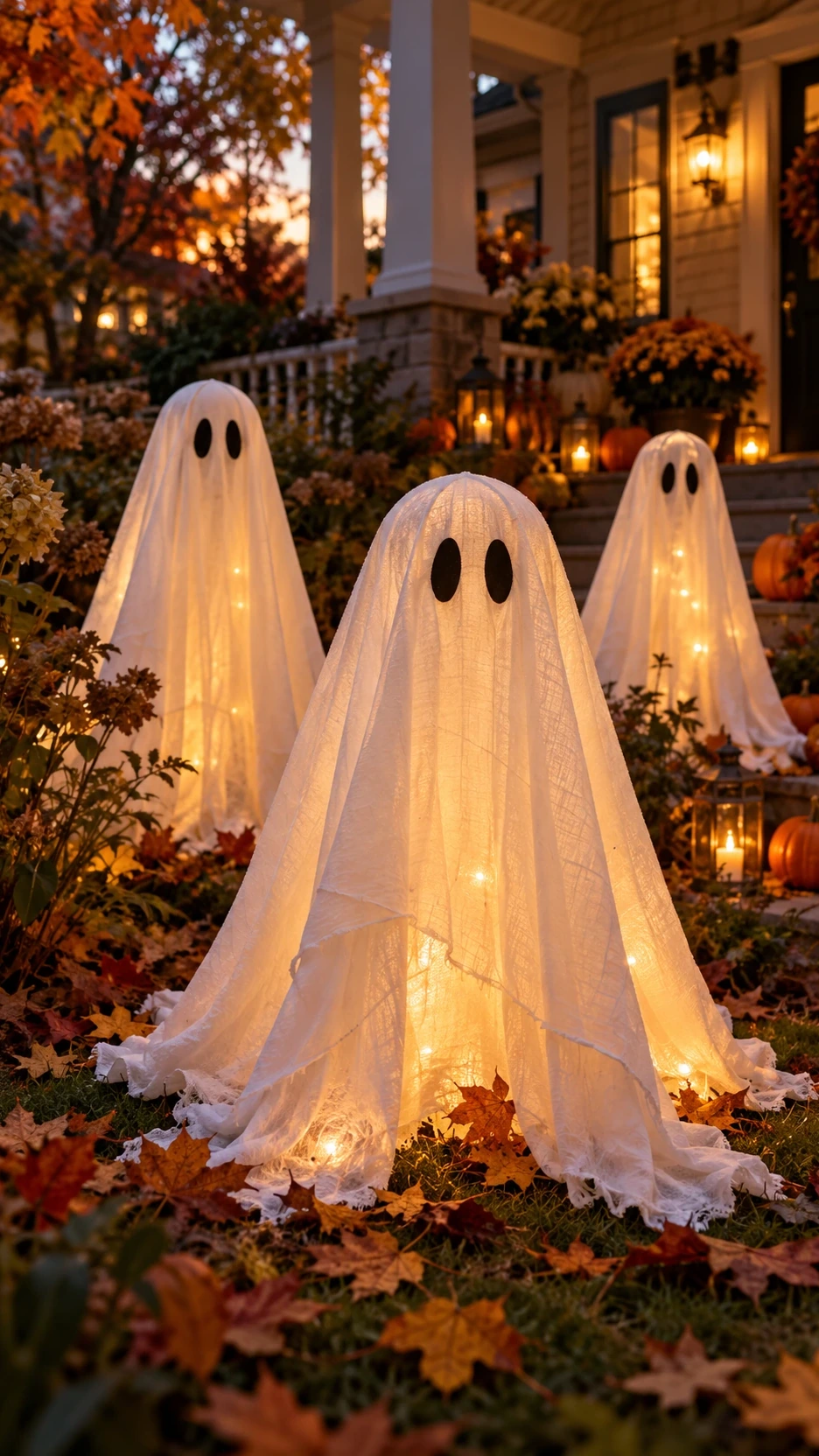 Three glowing handmade Halloween ghosts draped in reused white linens over tomato cage frames on a pumpkin decorated autumn lawn.