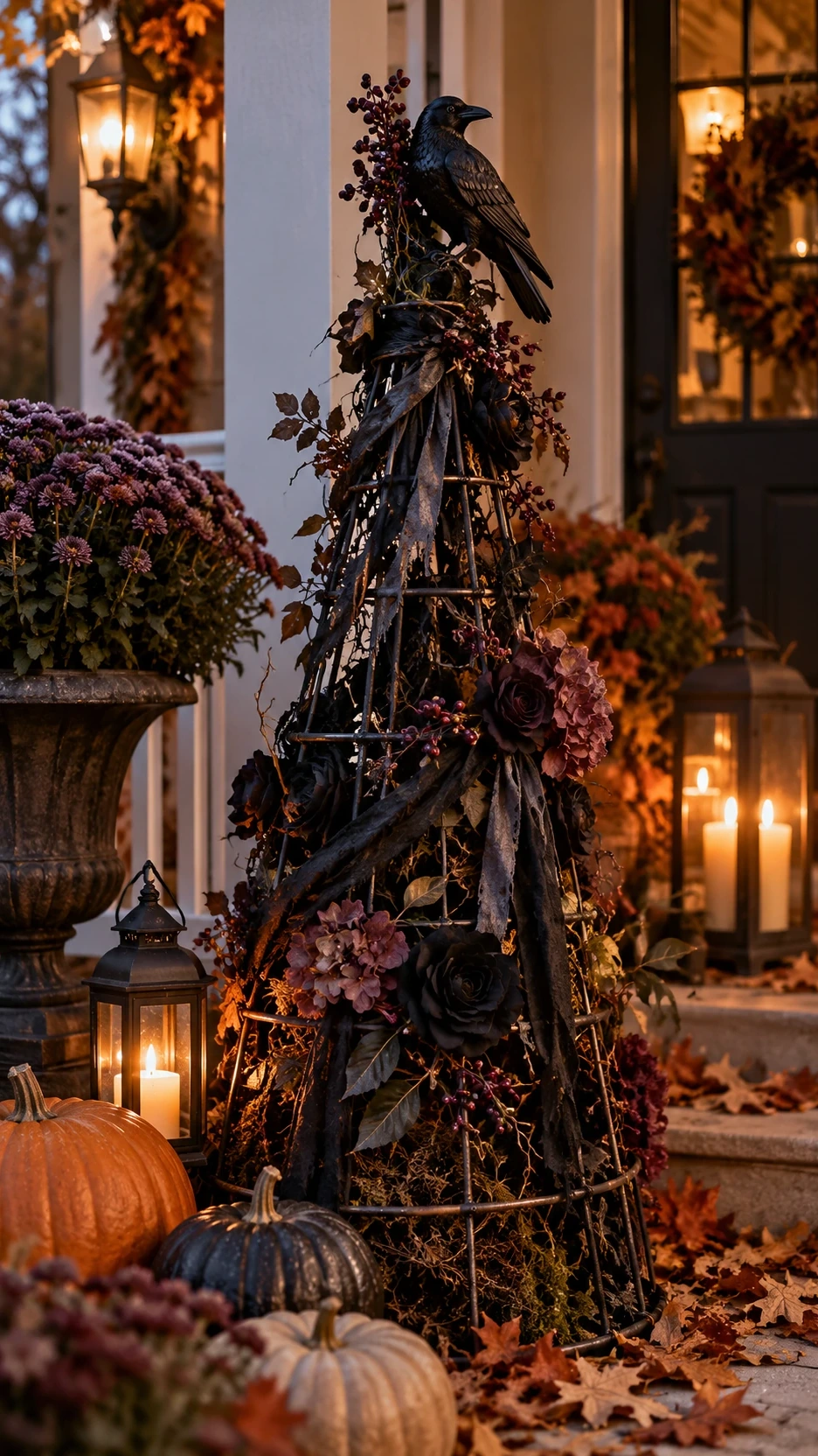 Gothic Halloween topiary built from a tomato cage decorated with dark roses, faded purple flowers and a perched black raven.