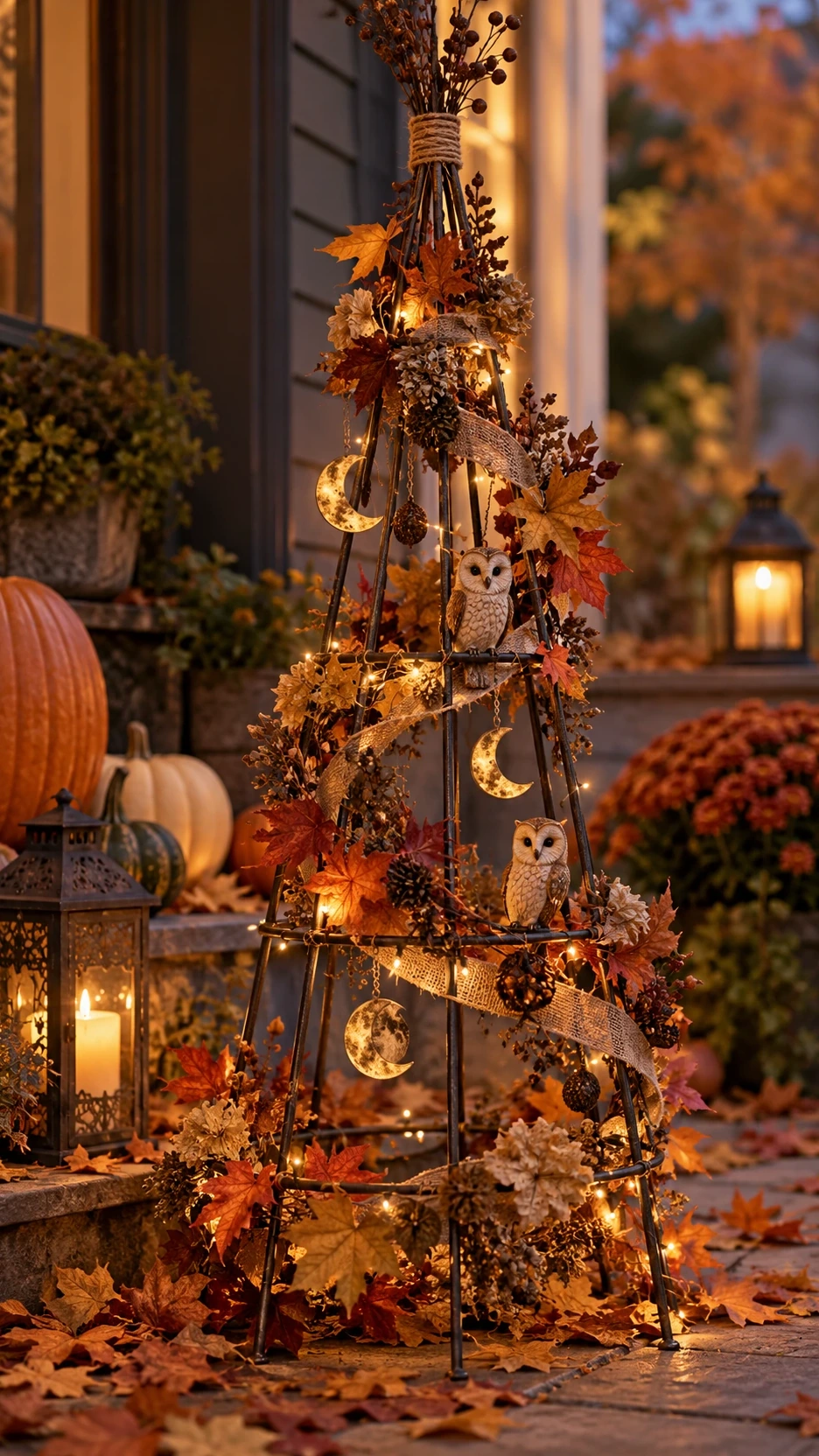 Reused tomato cage shaped into a haunted autumn tree with orange leaves, crescent moons, owl ornaments and warm string lights.