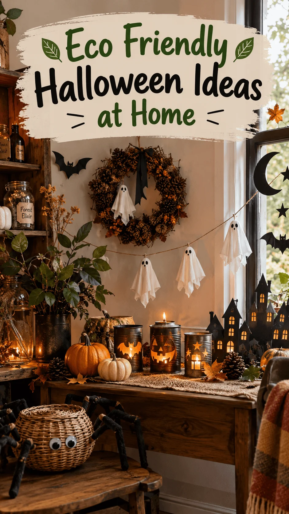 Eco friendly Halloween decorations at home featuring recycled tin can lanterns, white ghost garlands, a natural autumn wreath, pumpkins, black paper bats, a crescent moon, star cutouts, and a woven spider basket in a cozy rustic room.