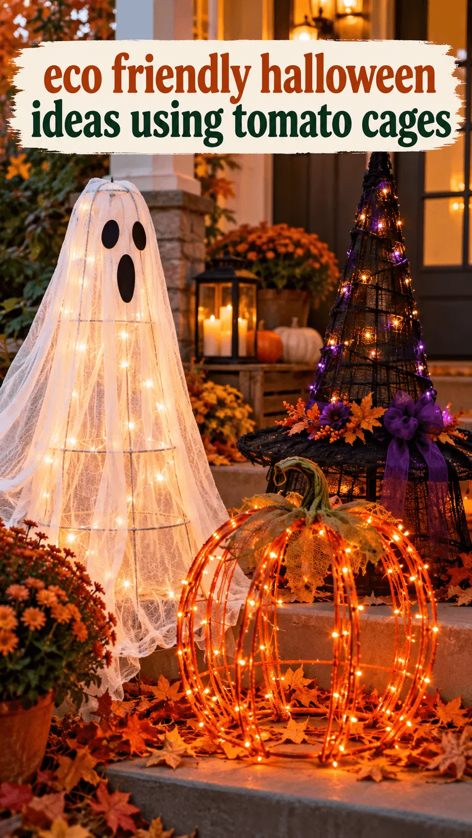 Eco friendly Halloween ideas using tomato cages featuring a glowing ghost, illuminated pumpkin, and witch hat decorations on a cozy autumn front porch.