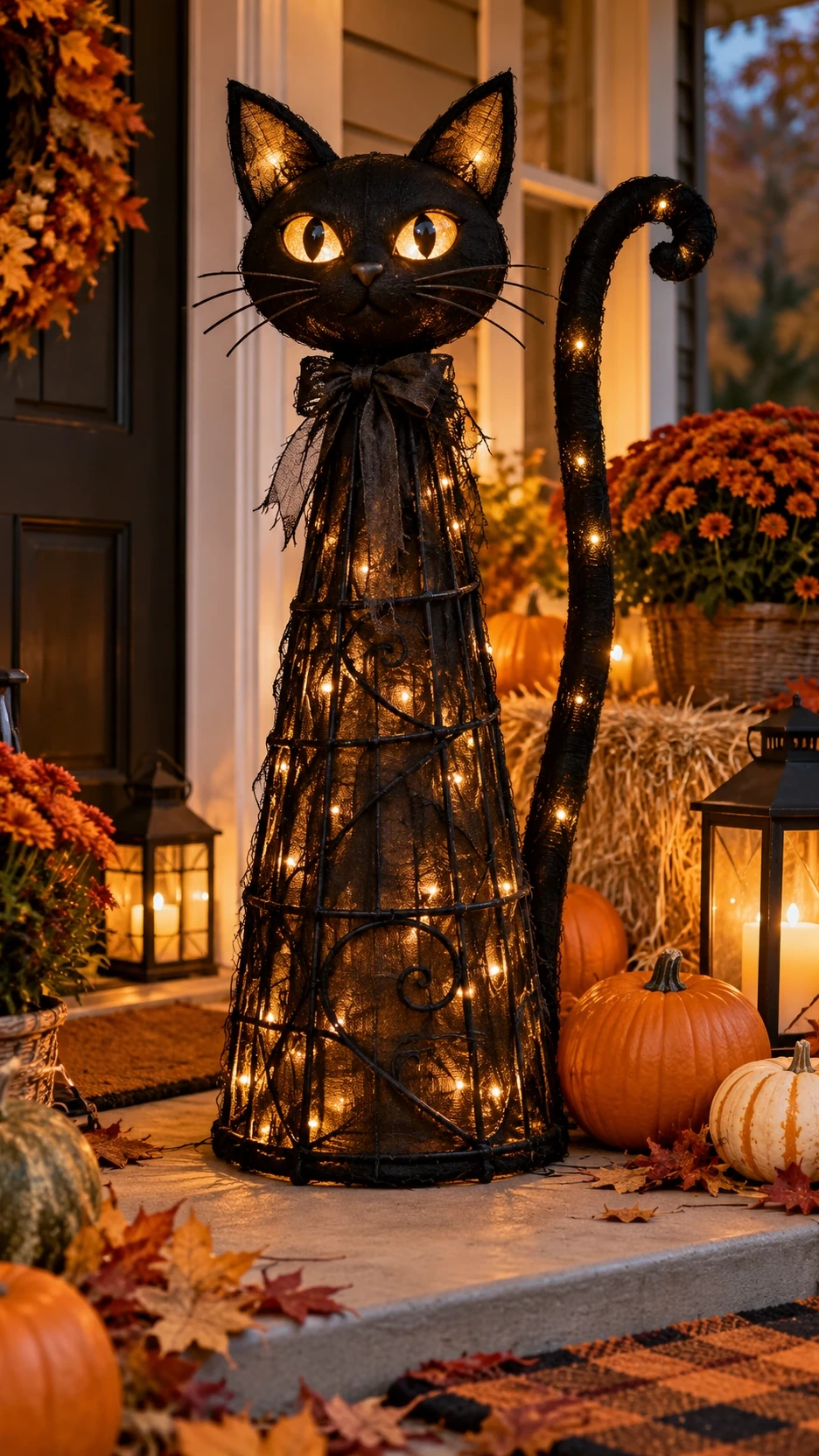 Glowing black cat Halloween porch decoration with pointed ears and a curled tail, crafted around a reusable tomato cage.