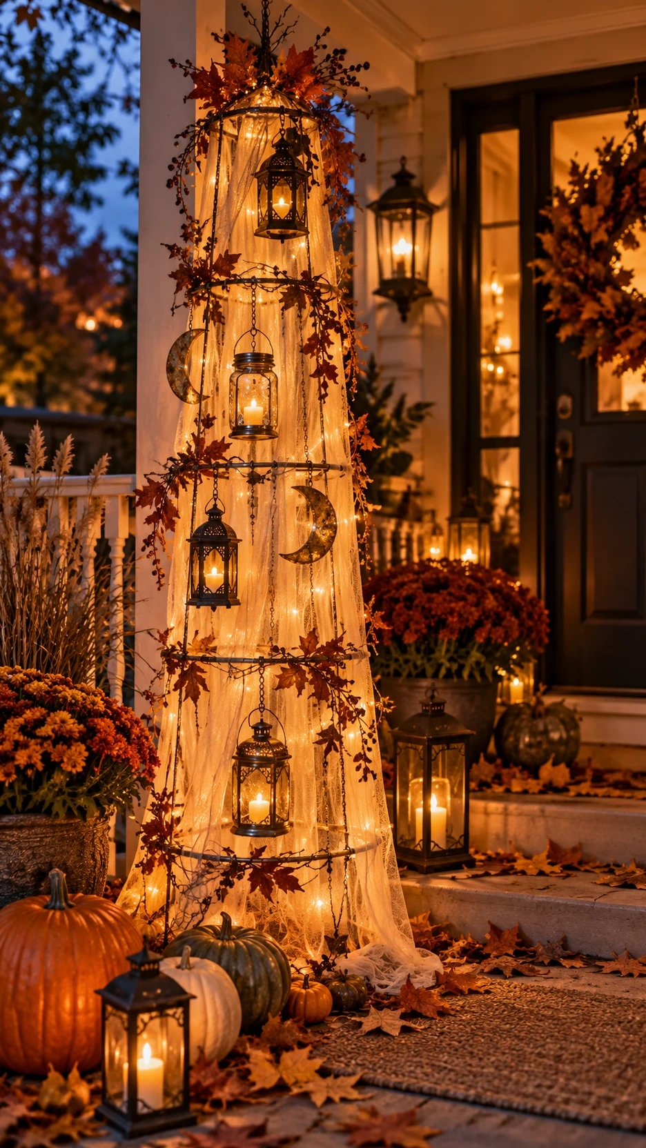 Moonlit Halloween lantern column made from a tomato cage draped with sheer reused fabric and hanging lanterns, leaves and crescent moons.