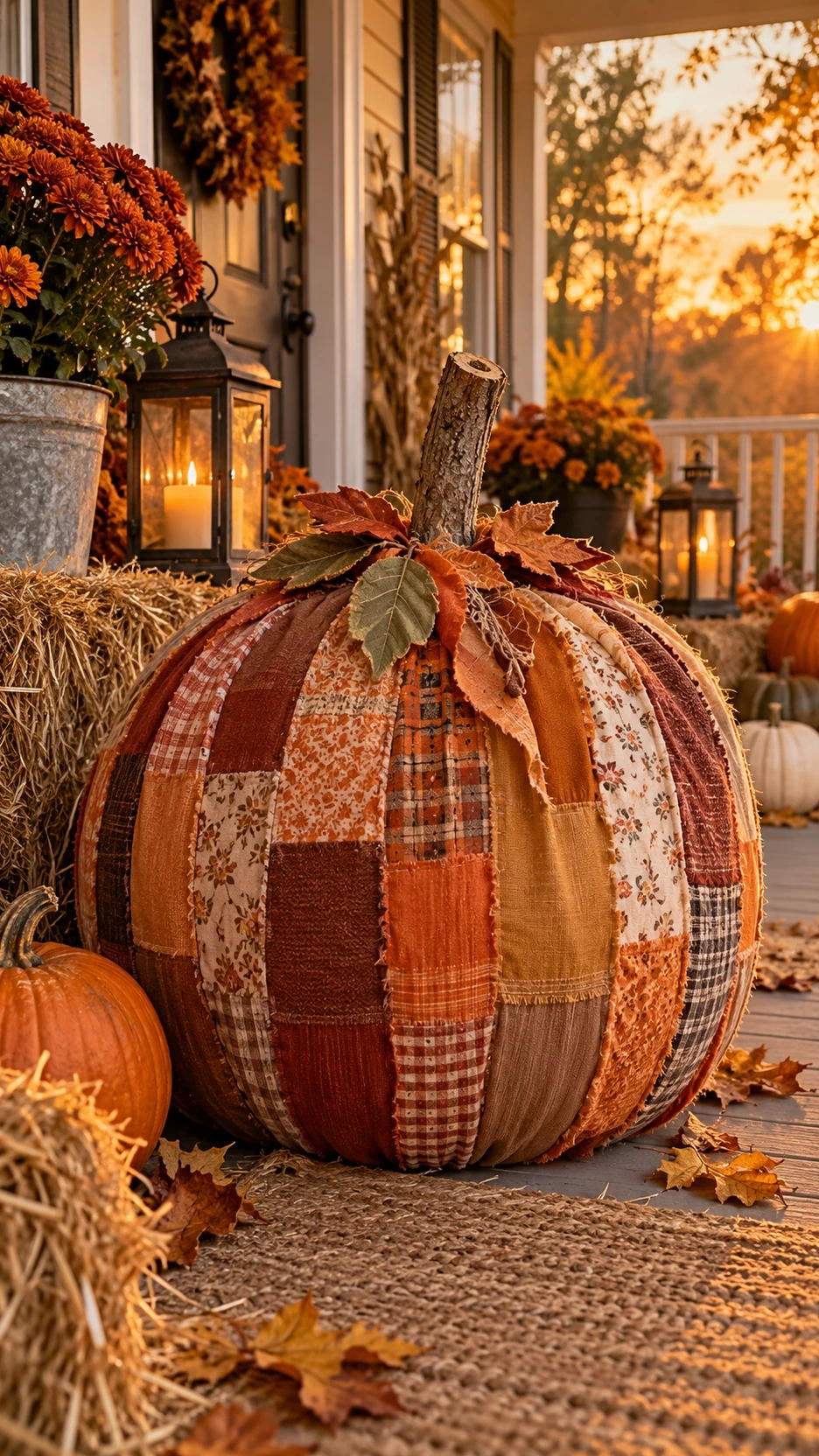 Large patchwork pumpkin decoration built with recycled orange, cream and plaid fabrics over a tomato cage for autumn porch decor.