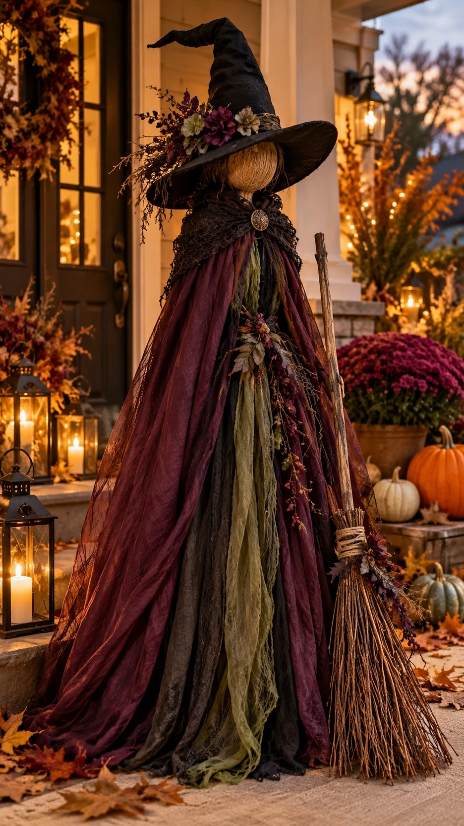 Rustic Halloween witch made from a tomato cage, flowing plum and moss green fabric, a pointed hat and a broom on an autumn front porch.