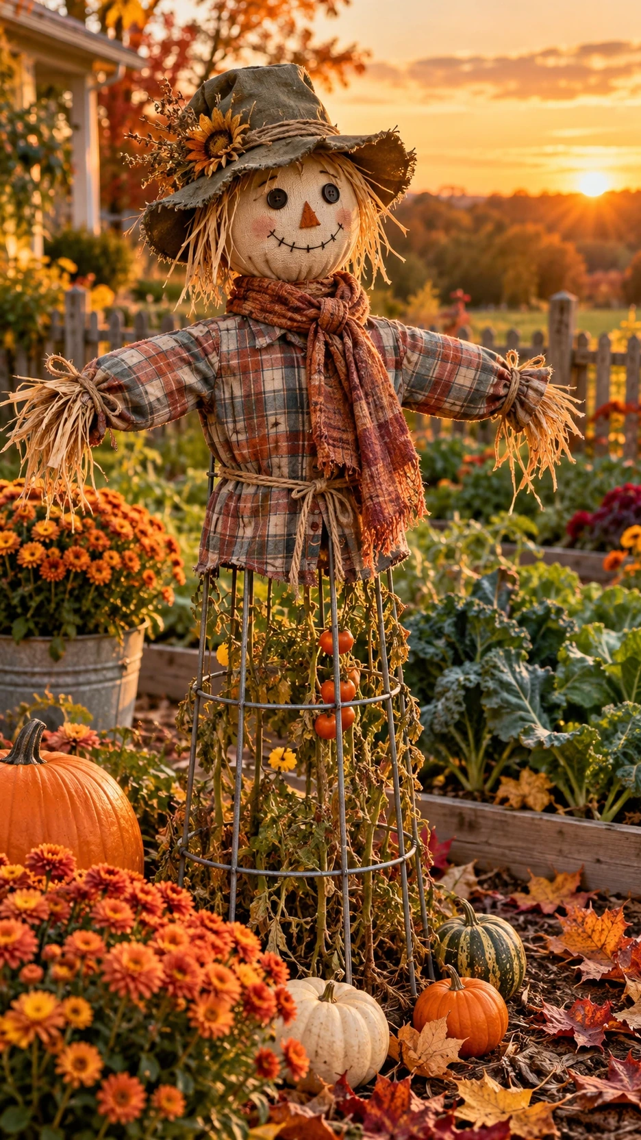 Handmade garden scarecrow supported by a tomato cage, wearing an old plaid shirt, scarf and hat among pumpkins and autumn flowers.