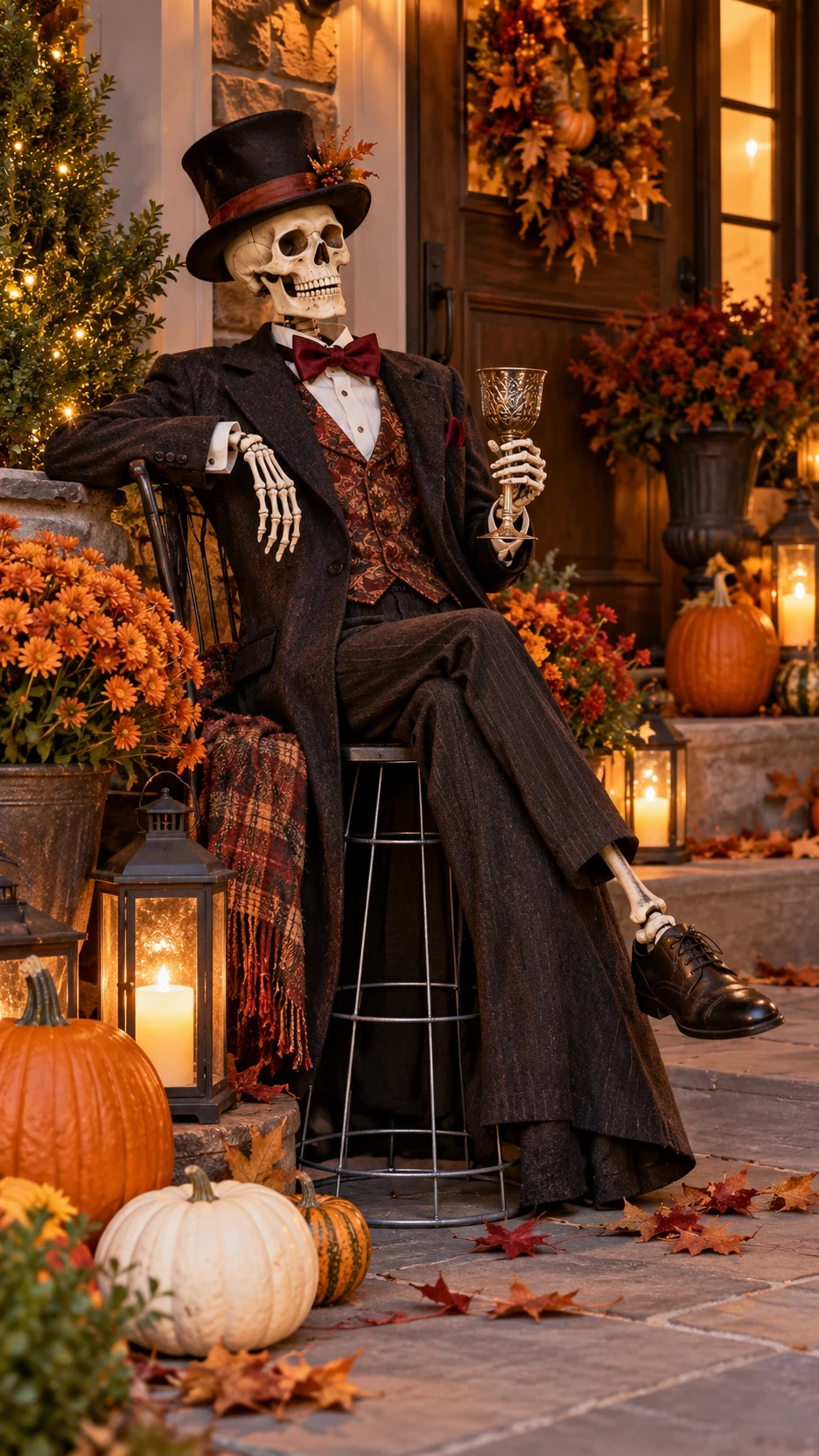 Halloween skeleton guest in reused formal clothes and top hat, seated by a porch with a tomato cage visible beneath its costume.