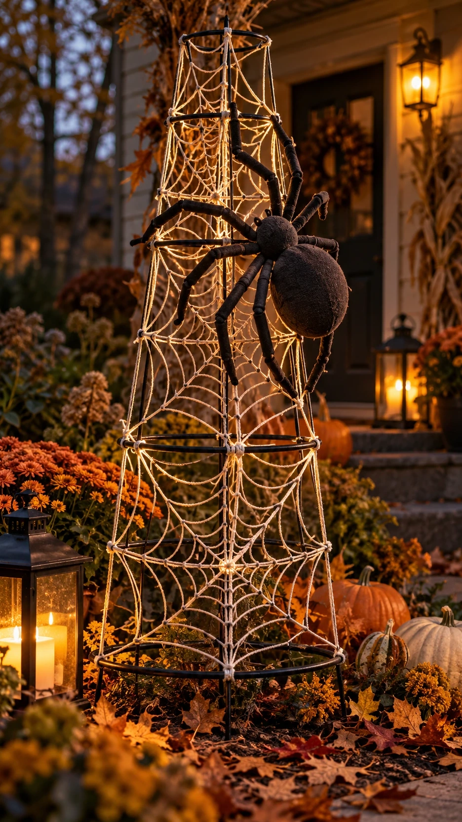 Tall tomato cage Halloween spiderweb tower woven with string and decorated with a giant black fabric spider beside an autumn porch.