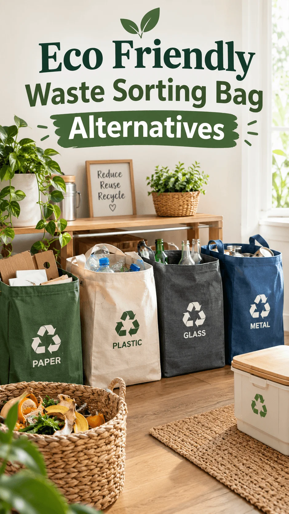 Eco friendly waste sorting bag alternatives with reusable bags labeled for paper plastic glass and metal in a bright home setting