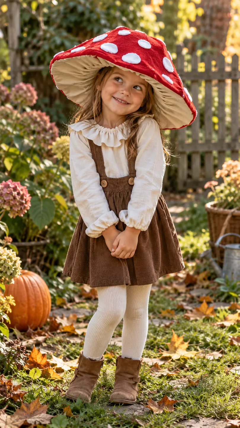 Girl wearing a large red spotted mushroom hat and reused brown clothing in a garden