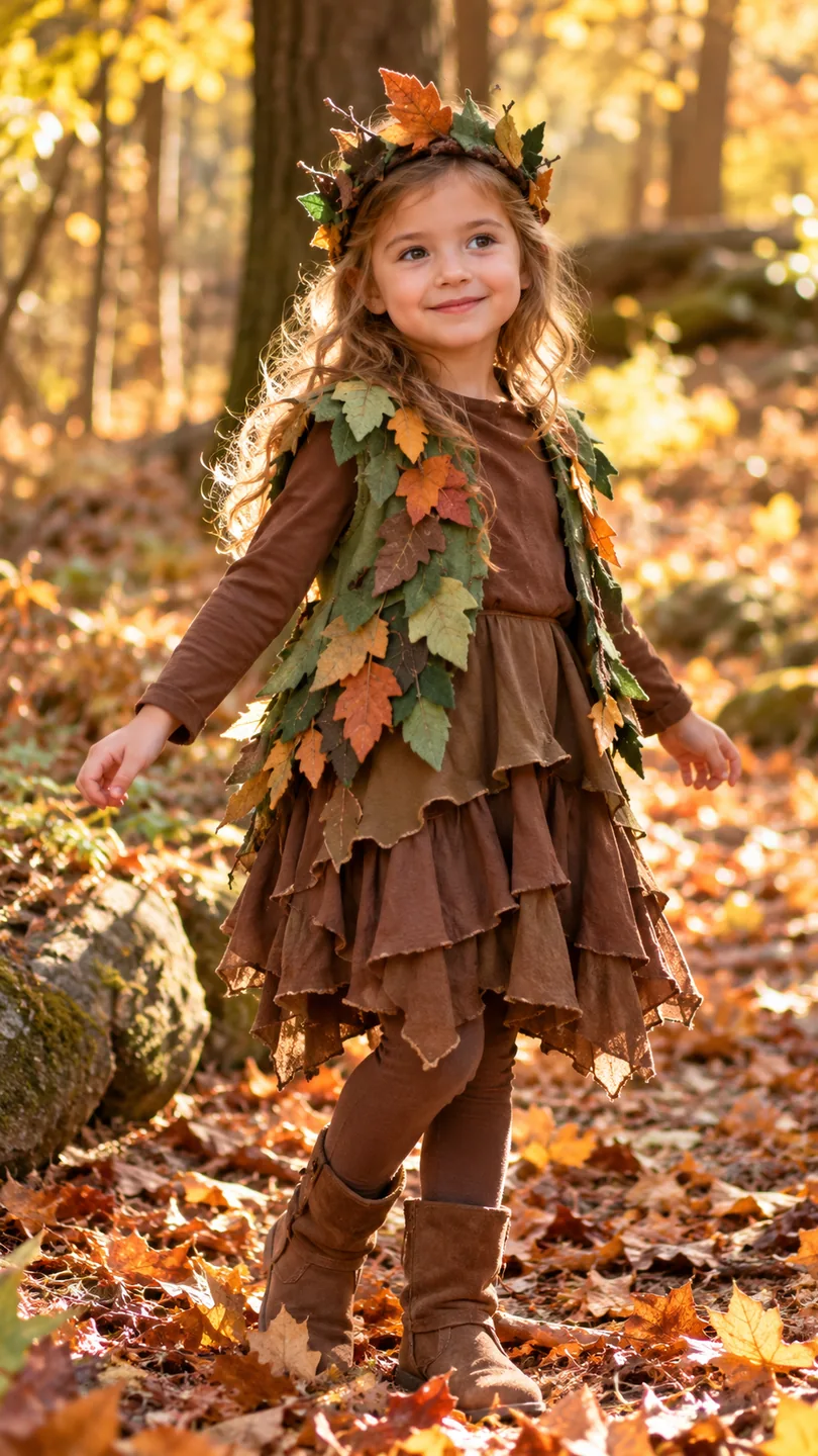 Girl dressed as an autumn tree with brown clothing and green orange fabric leaves