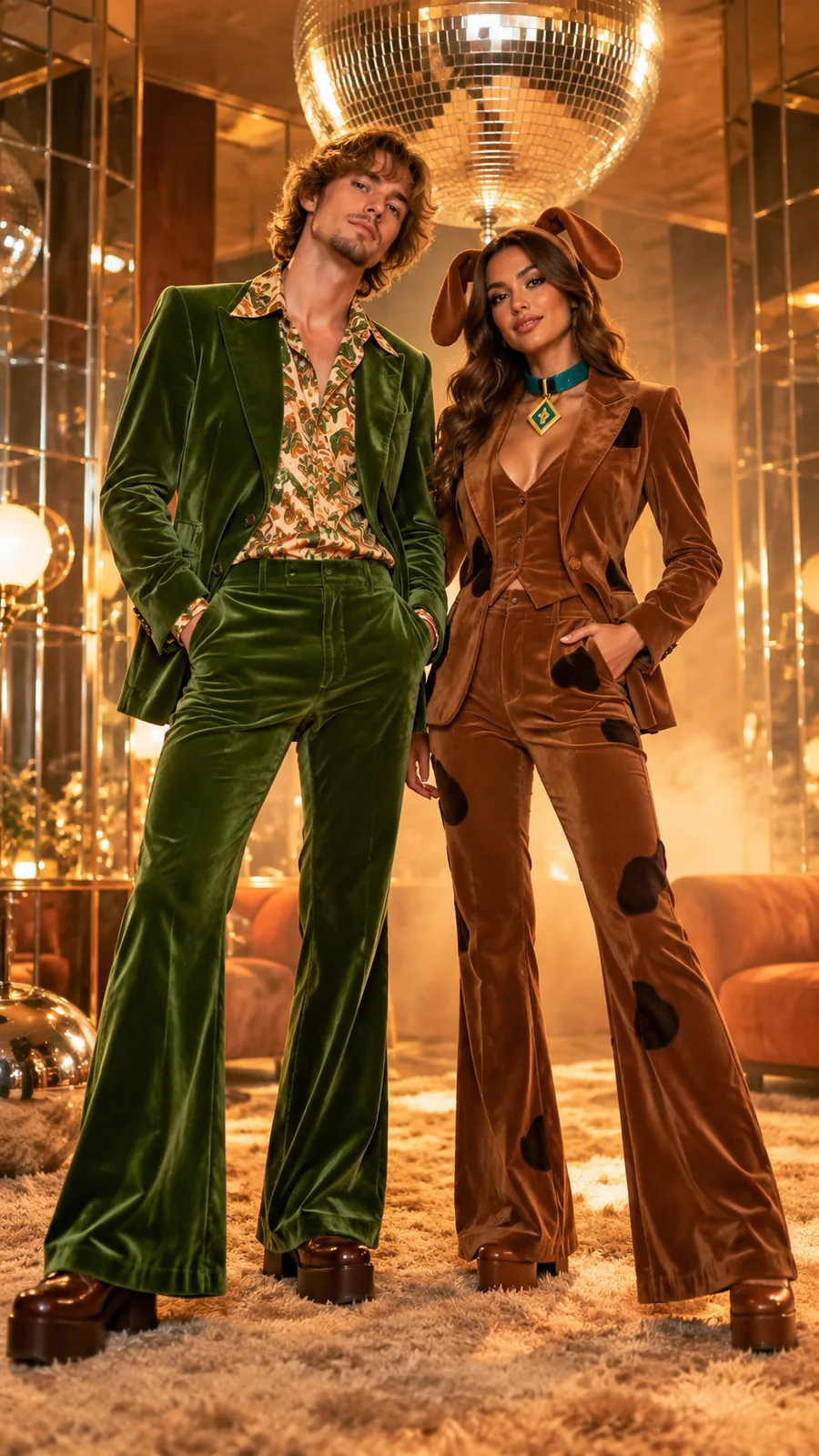 Couple in matching green and brown velvet disco suits posing beneath a mirrored ball