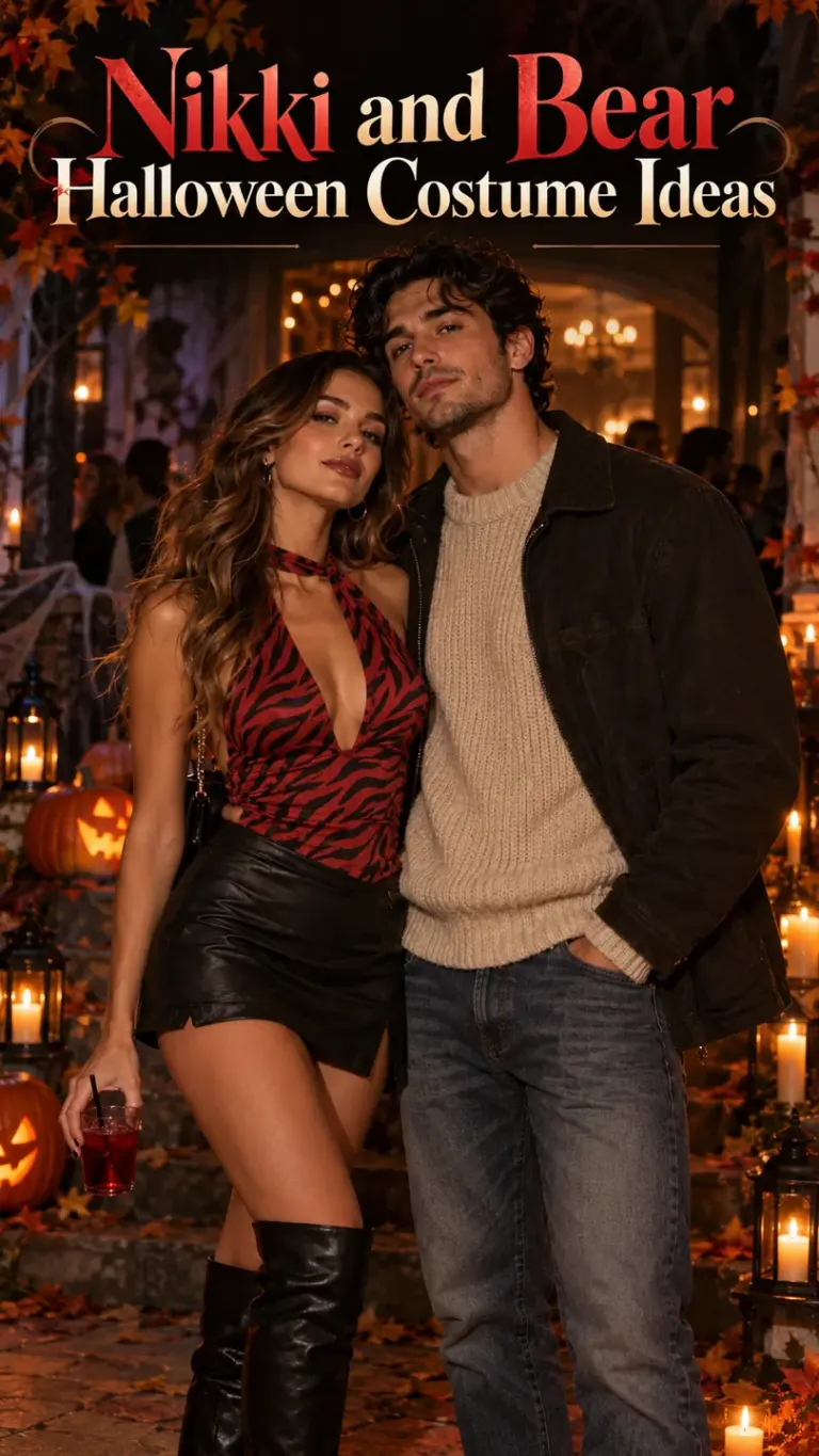 Nikki and Bear Halloween costume ideas featuring a red patterned top and knit sweater at a Halloween party