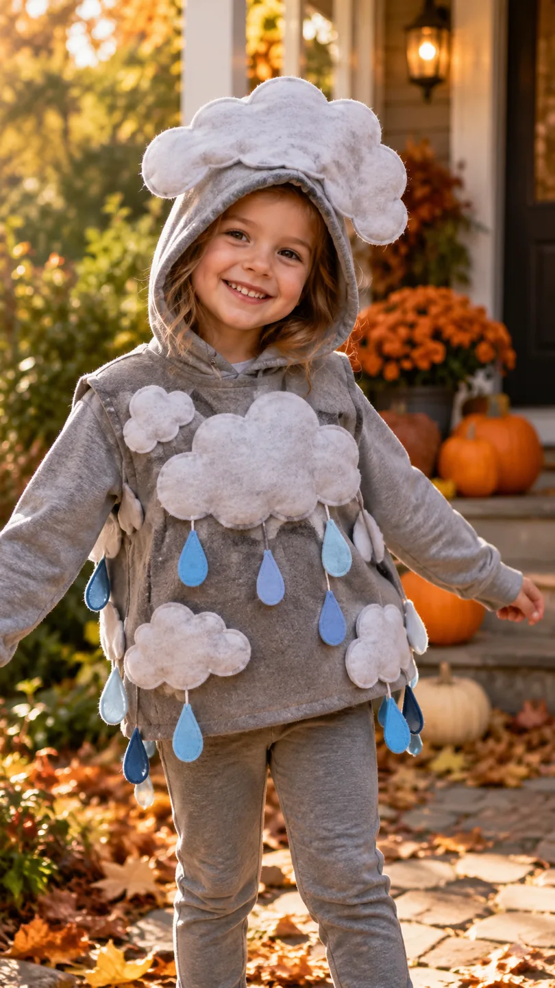 Child wearing a gray rain cloud costume with handmade blue fabric raindrops