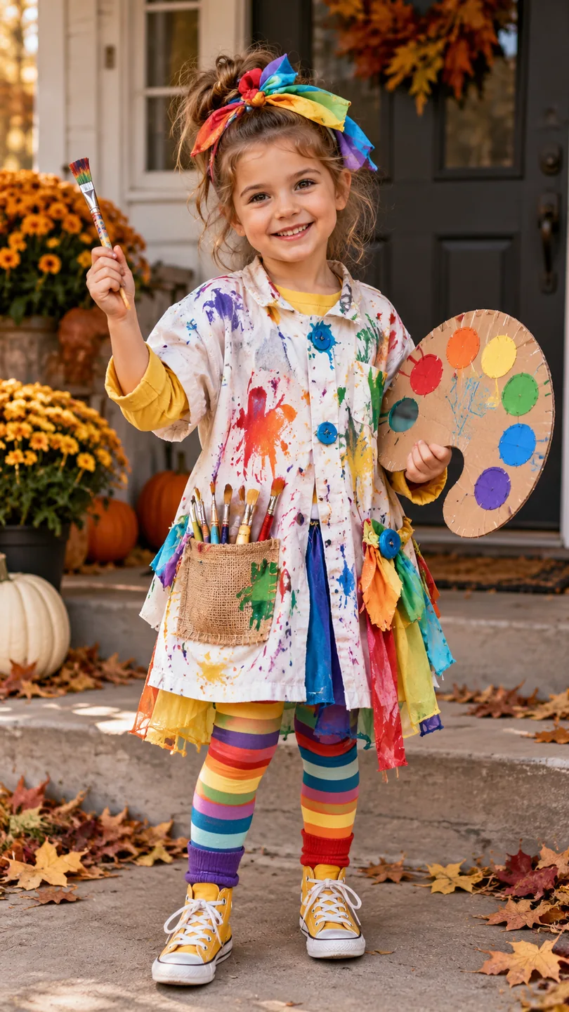 Child wearing colorful artist clothing holding a handmade cardboard paint palette