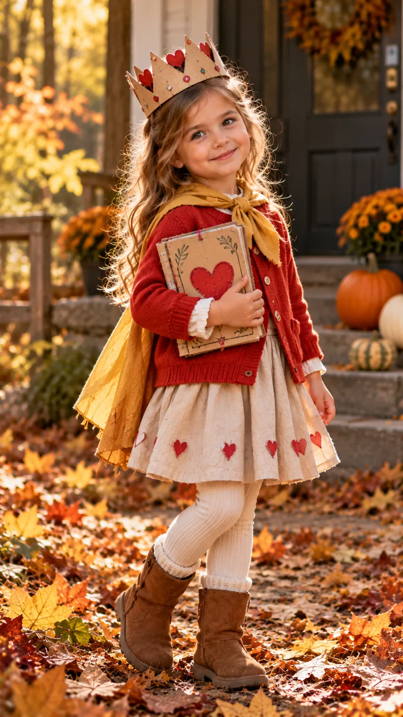 Young child wearing a recycled cardboard crown and storybook costume with a red sweater