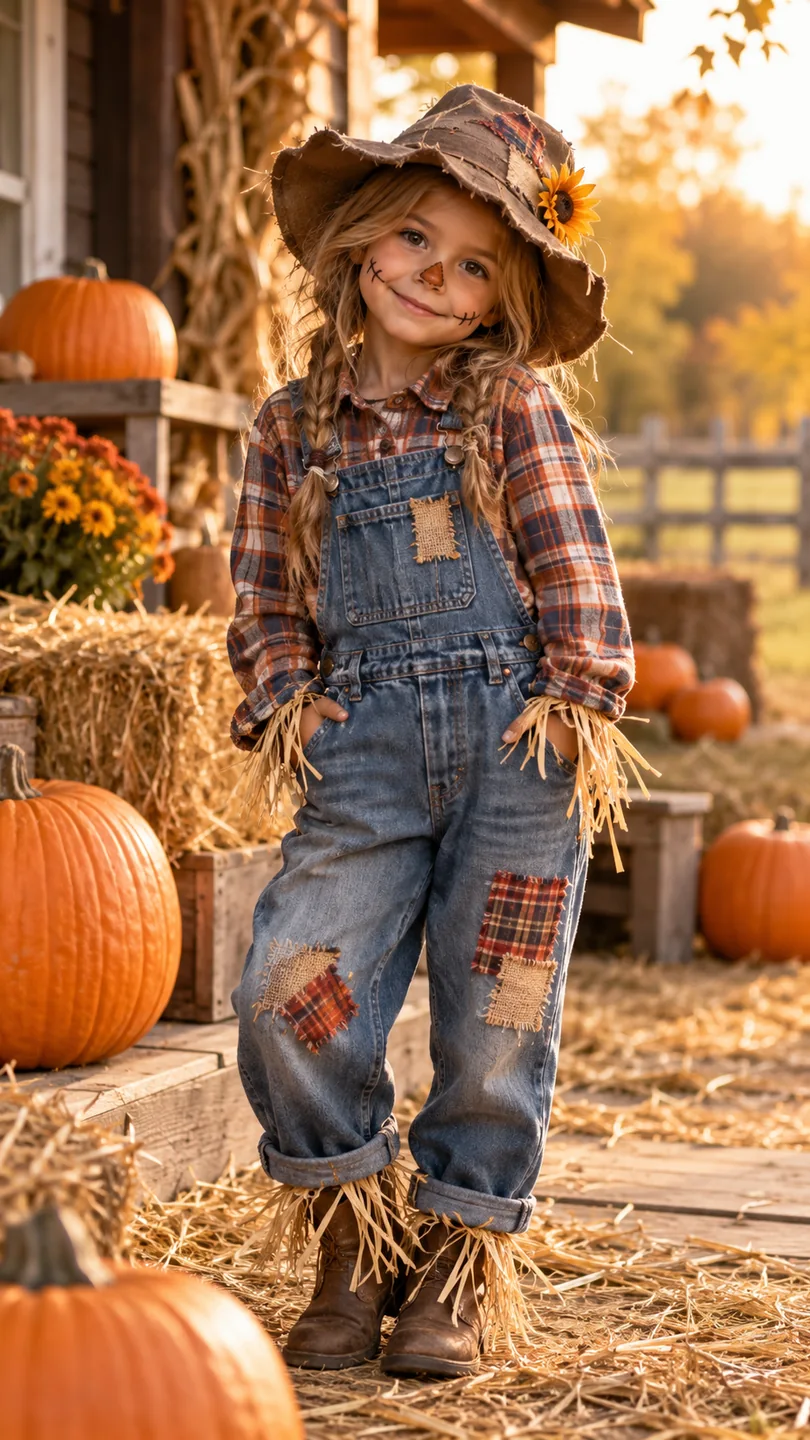 Girl dressed as a scarecrow in plaid shirt denim overalls and floppy hat