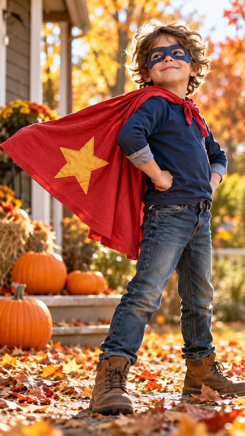 Boy in a homemade red superhero cape and blue sweater outdoors in autumn
