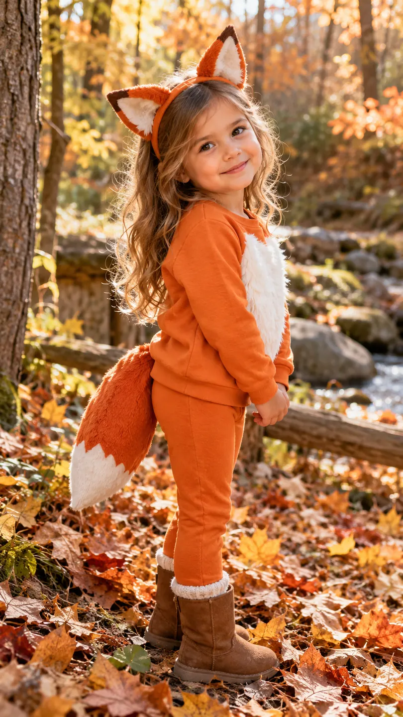 Girl wearing orange fox clothes with handmade ears and soft tail in autumn woods